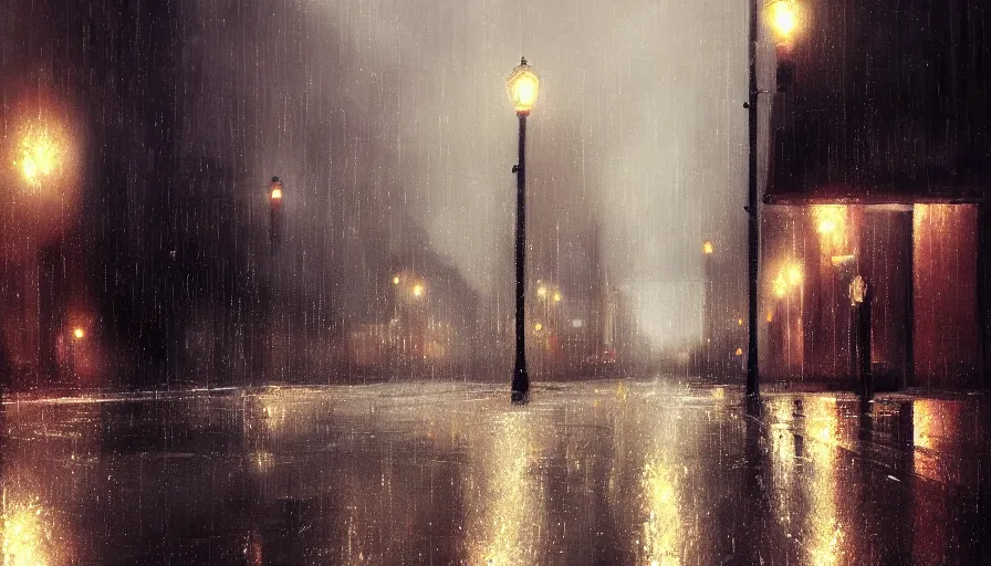 Image similar to empty street, at night, rain, by wlop