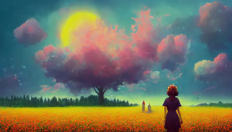 Image similar to girl with a flower face, surreal photography, dream, standing in flower field, hills, big trees, sunrise dramatic light, impressionist painting, colorful clouds, digital painting, pointillism, artstation, simon stalenhag, surreal