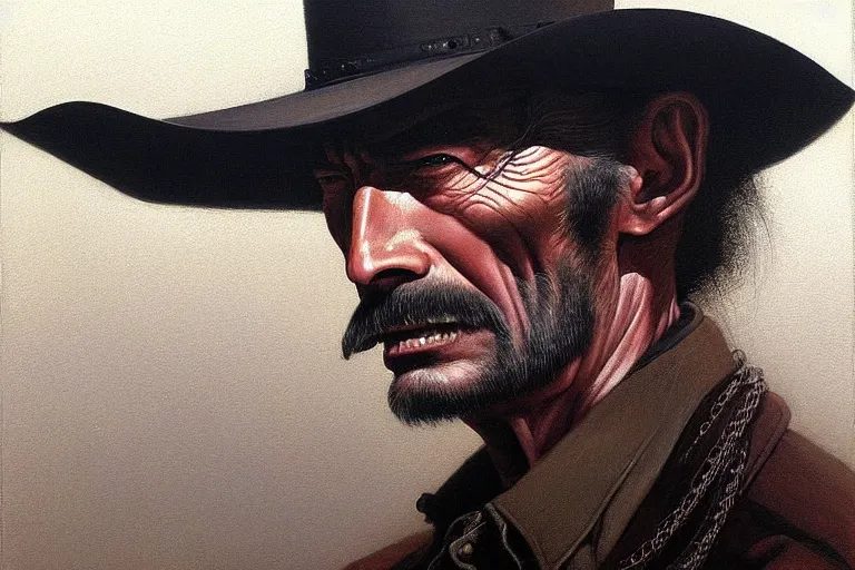 Prompt: close portrait of lee van cleef as a mean cowboy in pale rider ( 1 9 8 5 ). oil painting elegant, highly detailed, centered, digital painting, artstation, concept art, smooth, sharp focus, illustration, artgerm, tomasz alen kopera, peter mohrbacher, donato giancola, joseph christian leyendecker, drew struzan