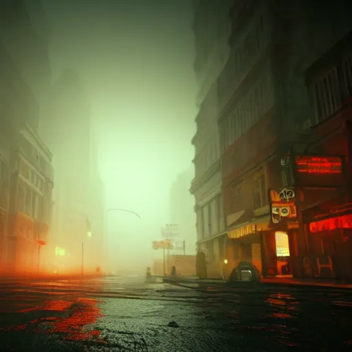 Image similar to city made of meat, night time, foggy, eerie lighting, 4k, unreal engine, artstation, photorealistic