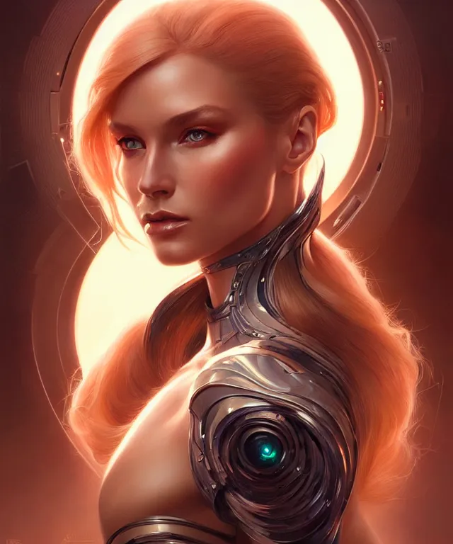 Image similar to futuristic woman portrait, sci-fi, amber eyes, face, long hair, fantasy, intricate, elegant, highly detailed, digital painting, artstation, concept art, smooth, sharp focus, illustration, art by artgerm and greg rutkowski and alphonse mucha