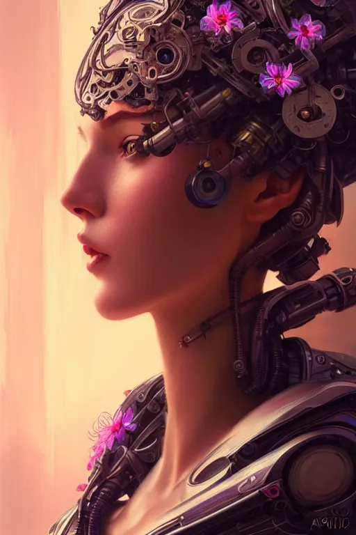 Image similar to beautiful female mechanical android!, half portrait, neon flowers, intricate detailed environment, photorealistic!, floro details, intricate, elegant, highly detailed, digital painting, artstation, concept art, smooth, sharp focus, illustration, art by artgerm and greg rutkowski and alphonse mucha