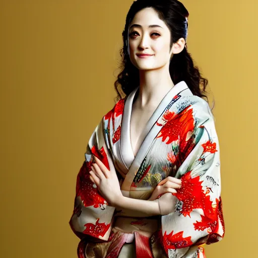 Image similar to Japanese Emmy Rossum wearing kimono, realistic, photo studio, HDR, 8k, trending on artstation