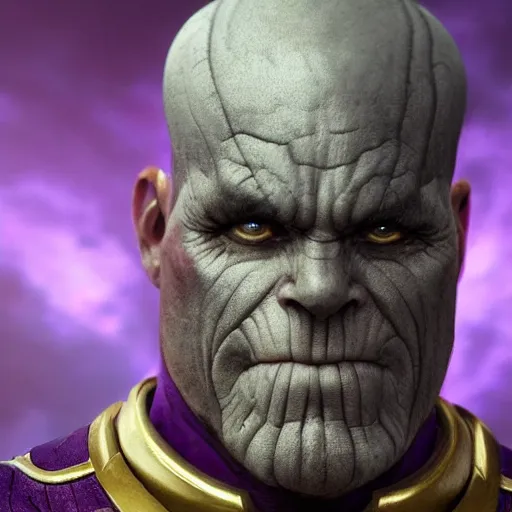 Prompt: pope thanos, purple skin, josh brolin, clerical clothes, full body shot, realistic, highly detailed