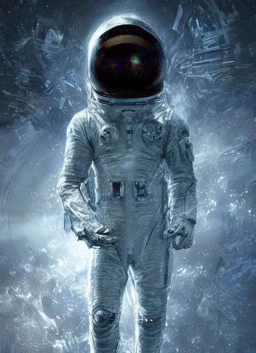 Image similar to concept art by craig mullins infrared complex and hyperdetailed technical astronaut suit in futuristic dark and empty spaceship underwater. reflection and dispersion materials. rays and dispersion of light. volumetric light. 5 0 mm, f / 3 2. noise film photo. flash photography. unreal engine 4, octane render. interstellar movie art