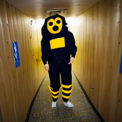 Image similar to a man in a bee suit in the corridor of a capsule hotel