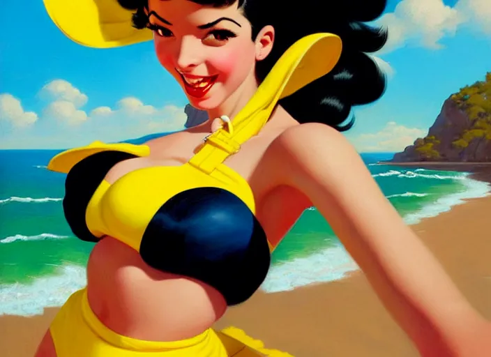 Image similar to the style of the artist gil elvgren, a girl with black hair, overwatch tracer, with a very beautiful symmetrical face, a smile on her face, tanned skin, in a yellow bikini, against the background of a sea beach, in art style, high detail, digital painting, hyperrealism