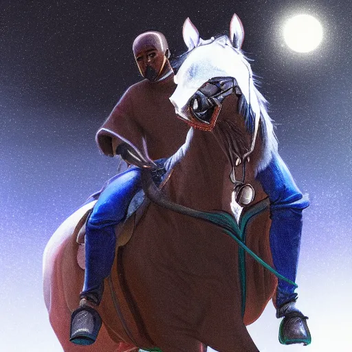 Prompt: a wideshot of a masked kanye west riding a horse into the night as riots go on in the background, dark, blue hour, cinematic lighting, by alan lee, intricate, grim, digital art, trending on artstation