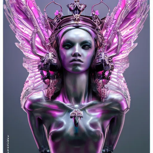 Image similar to cybernetic female angel queen head wearing shiny pink crown, subtle purple accents, hyper details, black metal rococo, sculpted by Alex Alice, Craig Mullins, yoji shinkawa, trending on artstation, beautifully lit, Peter mohrbacher, hyper detailed, elite, elegant, luxury, ray of light through smoke, CGsociety, hypermaximalist, golden ratio, neofuture, volumetric, octane render, weta digital, micro details, 3d sculpture