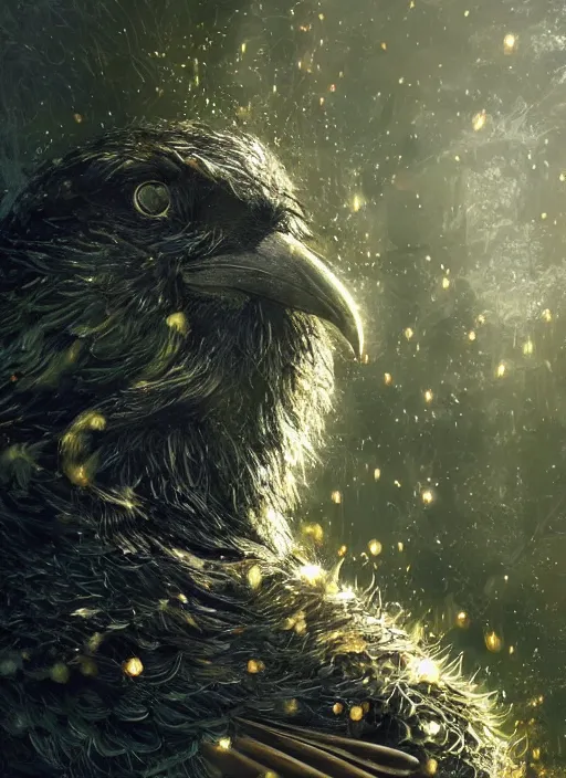 Image similar to glowing silver and golden elements, full close-up portrait, realistic crow, book cover, green forest, white moon, establishing shot, extremly high detail, photo-realistic, cinematic lighting, by Yoshitaka Amano, Ruan Jia, Kentaro Miura, Artgerm, post processed, concept art, artstation, matte painting, style by eddie mendoza, raphael lacoste, alex ross