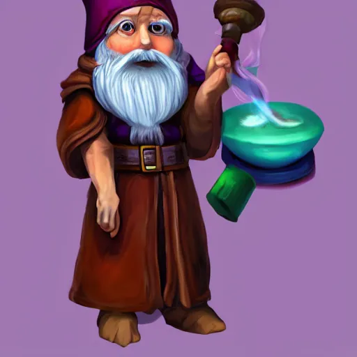 Image similar to gnome archmage wearing purple robes, a floppy wizard hat, and smoking a pipe artstation