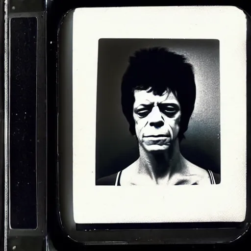 Prompt: Mugshot Portrait of Lou Reed, taken in the 1970s, photo taken on a 1970s polaroid camera, grainy, real life, hyperrealistic, ultra realistic, realistic, highly detailed, epic, HD quality, 8k resolution, body and headshot, film still, front facing, front view, headshot and bodyshot, detailed face, very detailed face
