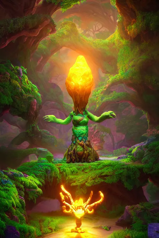 Image similar to arcane fantasy art giant golem elemental wood rock bastion forged gemstone enchanted forest troll, global illumination ray tracing hdr fanart arstation by sung choi and eric pfeiffer and gabriel garza and casper konefal lisa frank zbrush central hardmesh radiating a glowing aura