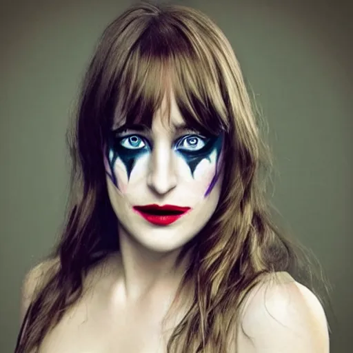 Image similar to beautiful dakota johnson with joker makeup, highly detailed, realistic face, detailed face, amazing digital art