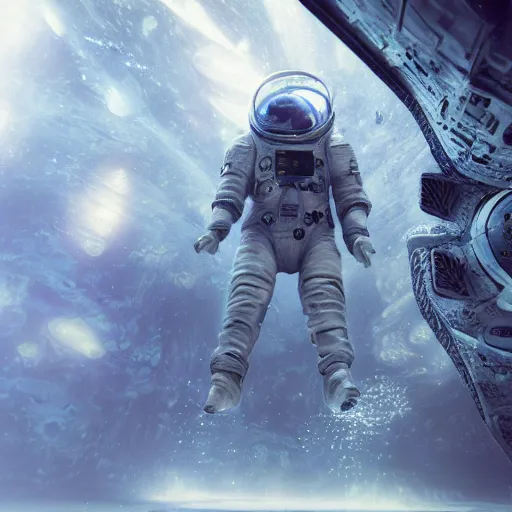 Image similar to concept art by craig mullins astronaut in futuristic dark and empty spaceship underwater. infrared complex and hyperdetailed technical suit. mandelbulb fractal. reflection and dispersion materials. rays and dispersion of light. volumetric light. 5 0 mm, f / 3 2. noise film photo. flash photography. unreal engine 4, octane render. interstellar movie art