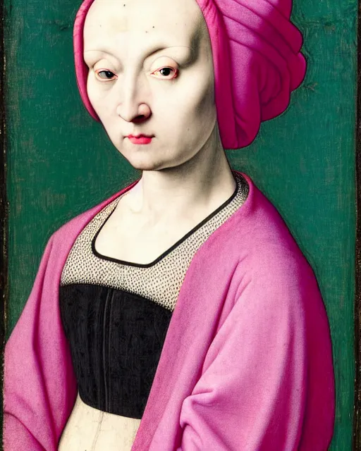 Prompt: portrait of a pale woman with blue hair buns, wearing a pink hoodie, intricate details, high detail, black background, in a high renaissance style, in the style of jan van eyck and jacopo da pontormo, punk, asian art,