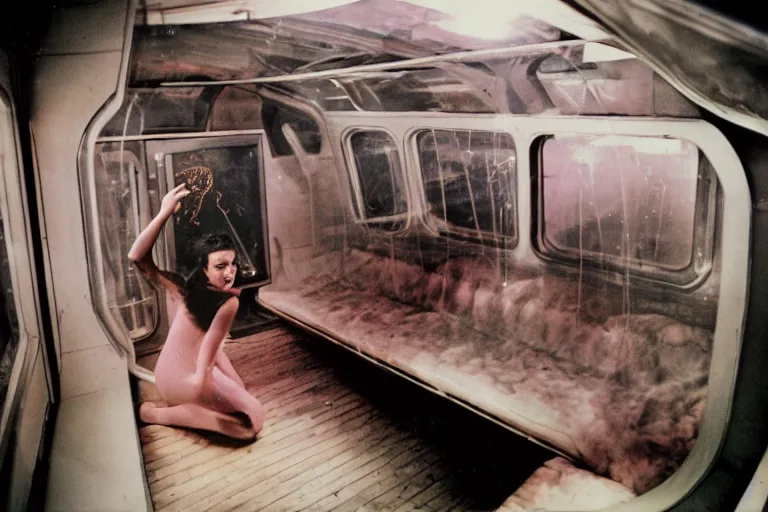 Prompt: high-angle view of a female jellyfish human hybrid dancer wearing shiny discowear sitting inside of an unlit 1970s underwater A-frame house with a soviet computer console on the wall, a glass wall, exterior of newyork subway station with train passenger car with lit windows, ektachrome photograph, volumetric lighting, f8 aperture