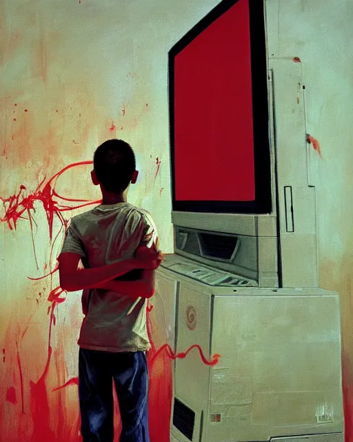 Image similar to an 8 years old enlightened and scared boy standing in front of an old computer with a game doom2 at the monitor screen painted by Adrian Ghenie and Willem de Kooning and Cy Twombly, still from a 2021 movie by James Cameron. expressive acrylic flowing smudged painting