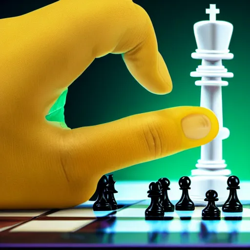 Prompt: a green alien hand with yellow knuckles wearing a high tech bracelet picking up a chess piece bishop from a 3D chess board with a circuit board and components in the background