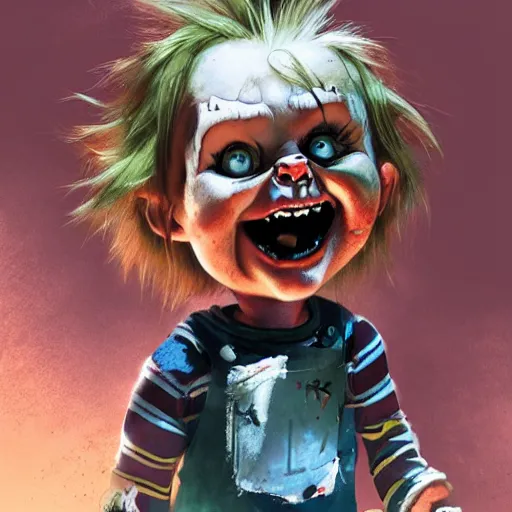 Image similar to chucky, horror, grunge, loony toons style, illustrated by Greg Rutkowski and dr seuss., Trending on artstation, artstationHD, artstationHQ, 4k, 8k