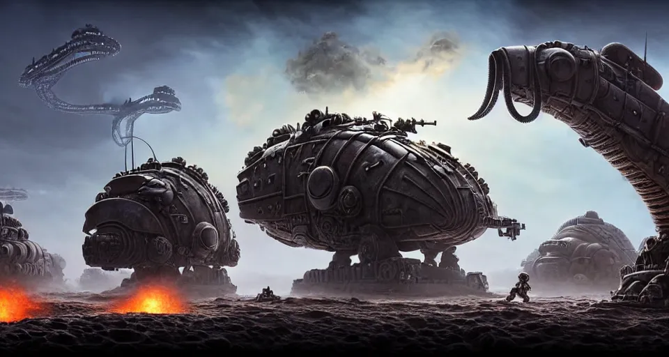 Prompt: pixar octopus running brontosaurus atat googly eyes, military tank fury road iron smelting pits space marines, highly detailed cinematic scifi render of 3 d sculpt of spiked gears of war skulls, military chris foss, john harris, hoover dam'aircraft carrier tower'beeple, warhammer 4 0 k, halo, halo, mass effect