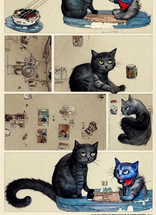 Image similar to a hyper realistic ink cat in a spaaceship 6 panel comic by chiara bautista and norman rockwell and greg rutkowski weta studio, and lucasfilm