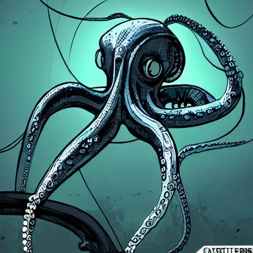 Prompt: a cyberpunk octopus, in the style of Ashley Wood and Moebius