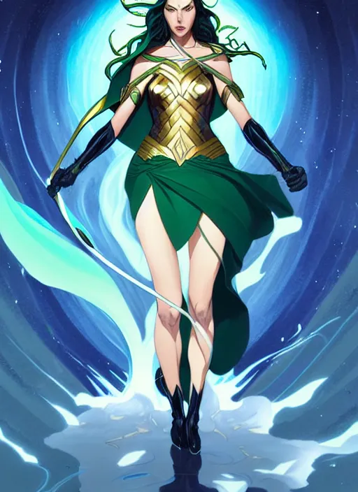 Image similar to style artgerm, joshua middleton, illustration, gal gadot as a high priestess wearing green pelt light armor, anime eyes, blue hair, swirling water cosmos, fantasy, dnd, cinematic lighting