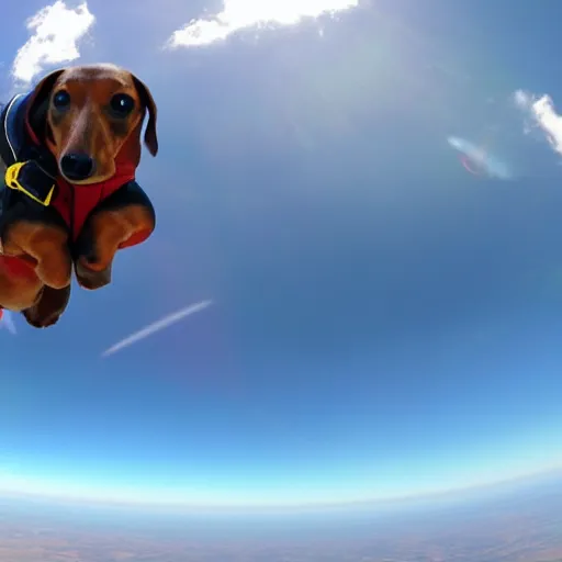 Image similar to skydiving weiner dog high resolution photography 8 k