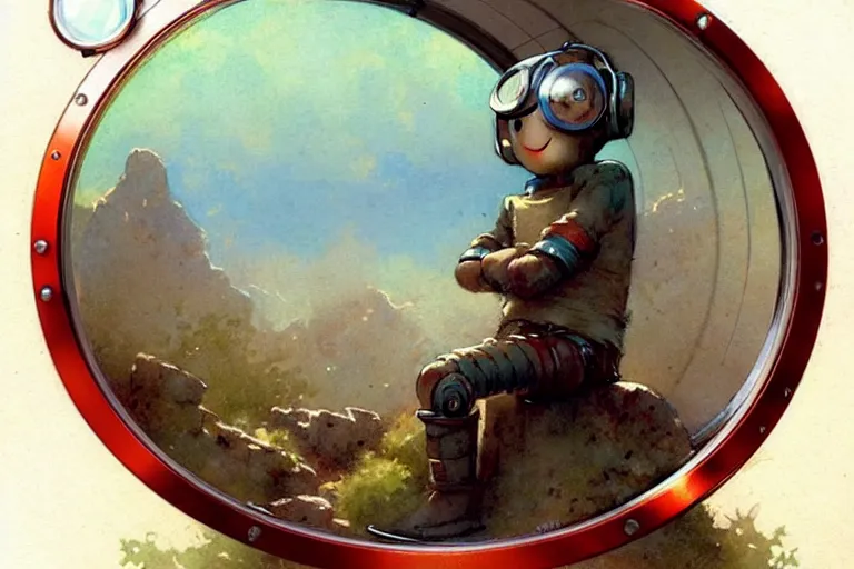 Image similar to adventurer ( ( ( ( ( 1 9 5 0 s retro future robot android porthole window. muted colors. ) ) ) ) ) by jean baptiste monge!!!!!!!!!!!!!!!!!!!!!!!!! chrome red