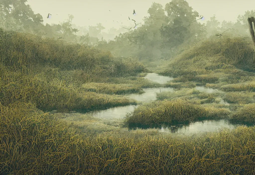 Image similar to handmade illustration of a marshy landscape, line art, ink, watercolor by Kilian Eng and by Jake Parker, winning-award masterpiece, fantastic, octane render, 8K HD Resolution, High quality image