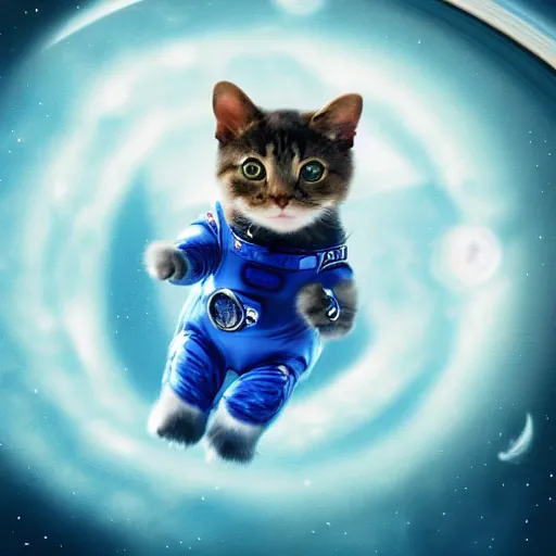 Image similar to A cat with beautiful blue eyes in a space suit jumping over the Saturn planet, digital illustration, concept art, 8k, trending on artstation, highly detailed