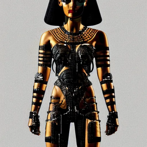 Image similar to half body portrait of the muscular Egyptian Android Pharaoh Queen, by DC comics and Sandra Chevrier and beeple, artstation, volumetric lighting and fog, hyperrealism, hyper detailed futuristic royalty, award winning costume design, cybernetic bionic ancient cyborg, fashion show runway, futuristic fine textures, woven with electricity, high fashion superpowers, floating dust particles, bokeh, mystic haze, 4k UHD, HDR