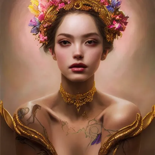 Prompt: expressive oil painting, of alluring european princess, seductive look, smirking, smooth glowing skin, glistening body, love, adoration, sweat, tattoo, ornate headpiece made from flowers, glamour shot, by yoshitaka amano, by greg rutkowski, by jeremyg lipkinng, by artgerm, digital art, octane render, heavenly aesthetic
