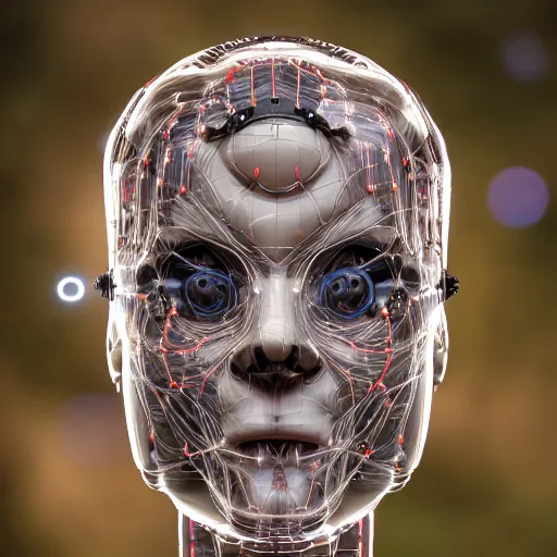 Prompt: very detailed portrait 55mm photo of a mechanical head without skin, with crystal bones and optic fiber nerves, gears in his head and cybernetic enhancements no plating. Packed with cybernetics. Has cameras for eyes. In the forest with bokeh. Ray tracing and tessellation. Very sharp high detailed 8k image