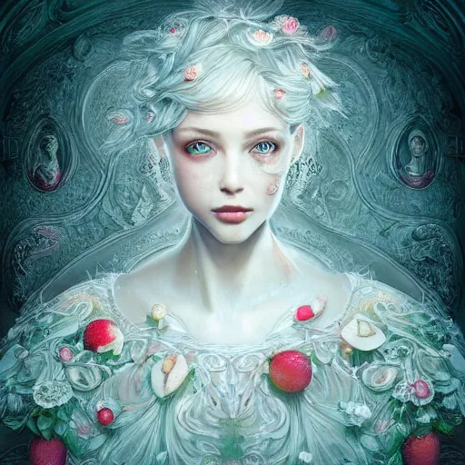 Prompt: the portrait of an absurdly beautiful, graceful, elegant, sophisticated, fashionable young woman made of strawberries and white petals looking down, an ultrafine hyperdetailed illustration by kim jung gi, irakli nadar, intricate linework, bright colors, octopath traveler, final fantasy, unreal engine 5 highly rendered, global illumination, radiant light, detailed and intricate environment