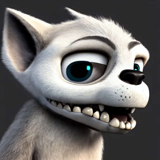 Image similar to portrait headshot of a handsome male white skull - wolf in the style of zootopia. pixar, fur volumetric lighting, subsurface scattering, hyperrealistic, octane render, hyperdetailed