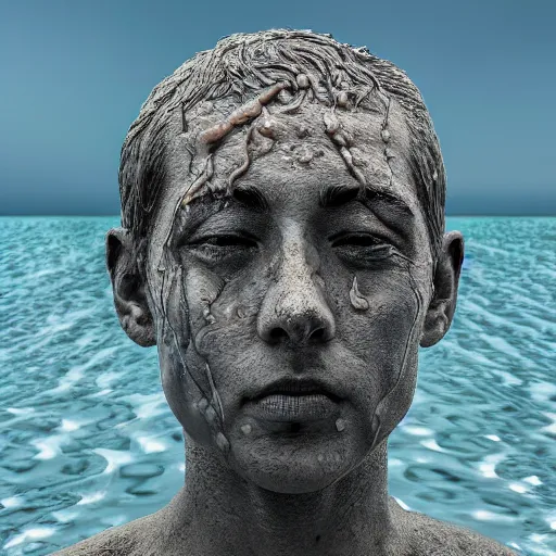 Image similar to a sculpture made of water in the shape of a human head, on the ocean water, water manipulation, behance, cinematic, in the style of johnson tsang, long shot, hyper detailed, hyper realistic, ray tracing, 8 k resolution, sharp focus, realistic water