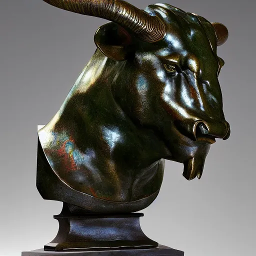 Prompt: professional color photograph of a patinated bronze portrait bust of an angry bull supported by a bronze plinth, by Auguste Rodin