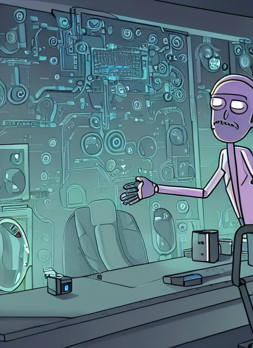 Image similar to an artificial intelligence in a robot short circuiting trying to figure how hands look, rick and morty art style illustration