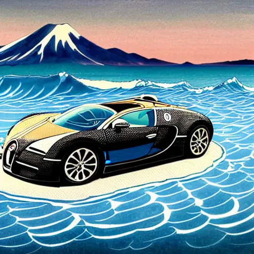 Image similar to Bugatti veyron driving on the Pacific ocean, highly detailed, intricate, in the style of hokusai