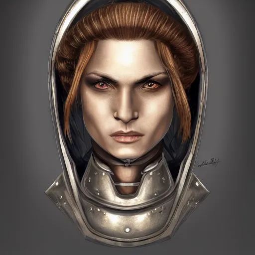 Image similar to head portrait, full faced, 35 years old women, strict, militaristic, medieval light armor, high detail, androgyny, digital art, medieval fantasy