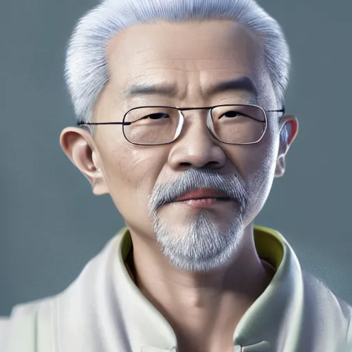 Image similar to portrait painting of a 6 0 year old handsome chinese taoist priest, like liangchao wei, silver hair, amiable by wenjun lin, irakli nadar, bright colors, octopath traveler, wenjun lin, unreal engine 5 highly rendered, global illumination, radiant light, detailed and intricate environment