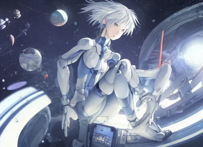 Image similar to This is a digital art piece by Yoshiyuki Sadamoto that is trending on artstation. It is a 8K UHD image of Rei Ayanami, a female anime character, inside a space station with technological rings. She is shot from the ground by Yoshiyuki Sadamoto. The environment is a concept design and the art is hyper realistic with intricate details.