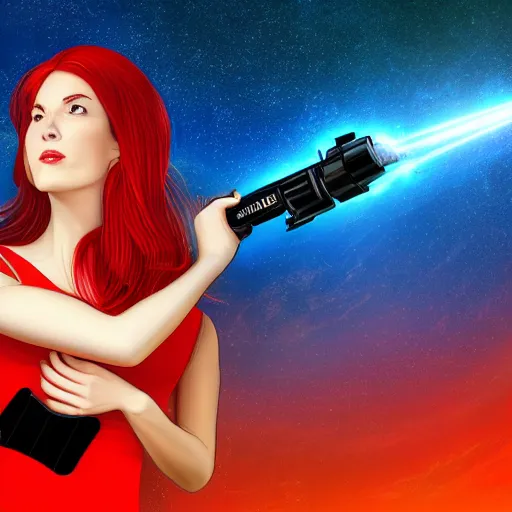 Image similar to red - haired woman in a tight blue dress, holding a laser gun, observing a sky with planets. illustration. digital art epic. like a dream detailed, 8 k.