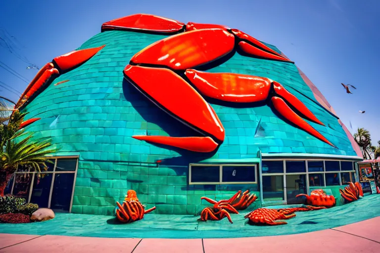 Prompt: 1 9 8 5 crab themed giant aquarium, googie architecture, one point perspective, americana, fishcore, exterior photography, hd 8 k, taken by alex webb