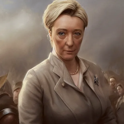 Prompt: Portrait of Marine le Pen , french revolution, amazing splashscreen artwork, splash art, head slightly tilted, natural light, elegant, intricate, fantasy, atmospheric lighting, cinematic, matte painting, detailed face, by Greg rutkowski