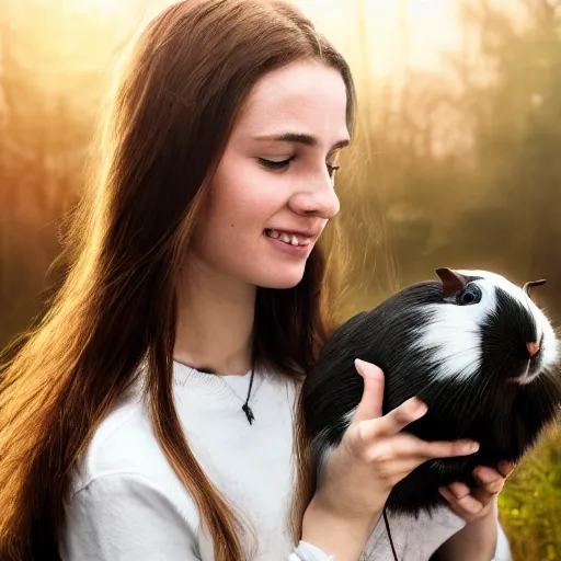 Image similar to Caucasian white girl holding her dark brown guinea pig, out in the wilderness at morning, trending on artstation, artstationHQ, artstationHD, photorealistic imagery.