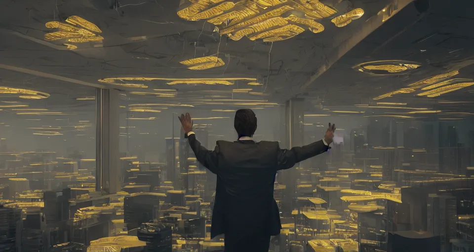 Image similar to Dramatic photo of a CEO waving to a large group of his coworkers in a futuristic office. Golden coins are levitating all around them. 8k, high detail, trending on Artstation, volumetric lighting, cyberpunk