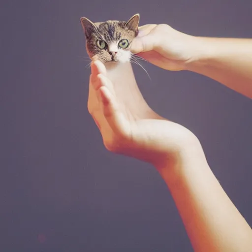 Image similar to a beautiful photo of a cat with human hands instead of paws, high-quality